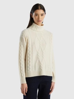 Zdjęcie produktu Benetton, Pure Cashmere Turtleneck With Cable Knit, size L, Creamy White, Women United Colors of Benetton