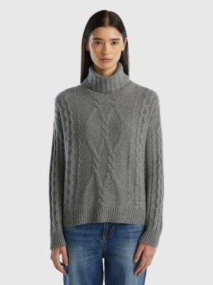 Zdjęcie produktu Benetton, Pure Cashmere Turtleneck With Cable Knit, size L, Dark Gray, Women United Colors of Benetton