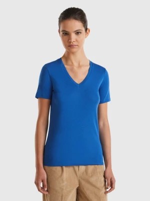 Zdjęcie produktu Benetton, Pure Cotton T-shirt With V-neck, size L, Air Force Blue, Women United Colors of Benetton
