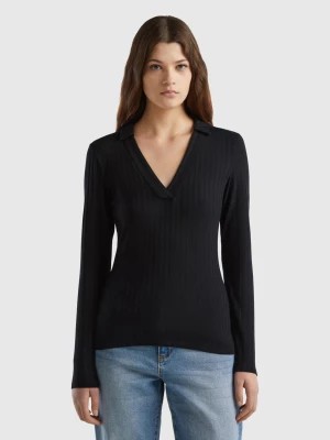 Zdjęcie produktu Benetton, Ribbed T-shirt With Collar, size S, Black, Women United Colors of Benetton
