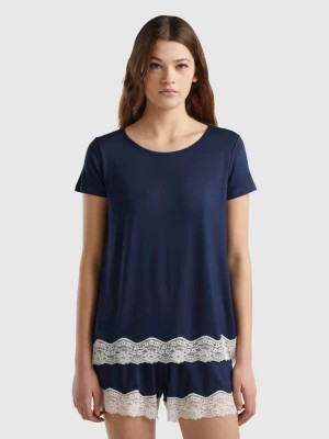 Zdjęcie produktu Benetton, Short Sleeve T-shirts With Lace, size L, Dark Blue, Women United Colors of Benetton
