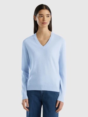 Zdjęcie produktu Benetton, Sky Blue V-neck Sweater In Pure Merino Wool, size S, Sky Blue, Women United Colors of Benetton