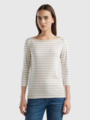 Zdjęcie produktu Benetton, Striped 3/4 Sleeve T-shirt In 100% Cotton, size L, Beige, Women United Colors of Benetton