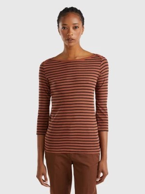 Zdjęcie produktu Benetton, Striped 3/4 Sleeve T-shirt In Pure Cotton, size M, Brown, Women United Colors of Benetton