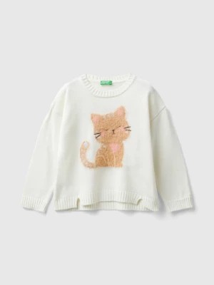 Zdjęcie produktu Benetton, Sweater With Cat Inlay, size 104, Creamy White, Kids United Colors of Benetton