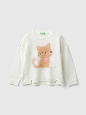 Zdjęcie produktu Benetton, Sweater With Cat Inlay, size 116, Creamy White, Kids United Colors of Benetton