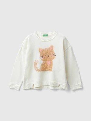 Zdjęcie produktu Benetton, Sweater With Cat Inlay, size 82, Creamy White, Kids United Colors of Benetton