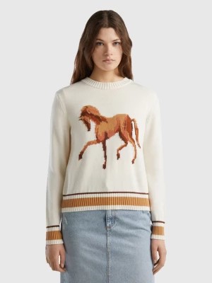 Zdjęcie produktu Benetton, Sweater With Horse Inlay, size M, Creamy White, Women United Colors of Benetton