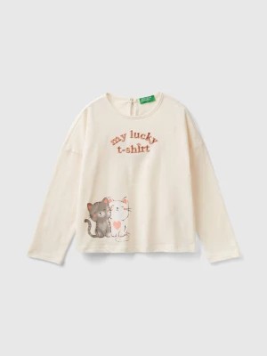 Zdjęcie produktu Benetton, T-shirt With Kitten Print, size 82, Creamy White, Kids United Colors of Benetton