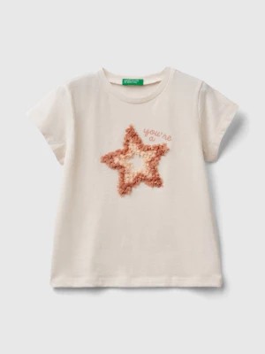 Zdjęcie produktu Benetton, T-shirt With Petal Effect Applique, size 104, Creamy White, Kids United Colors of Benetton