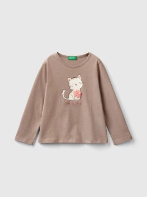 Zdjęcie produktu Benetton, T-shirt With Petal Effect Applique, size 104, Dove Gray, Kids United Colors of Benetton