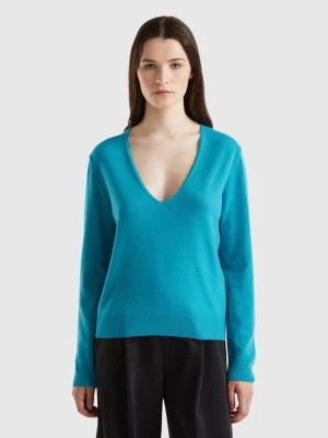 Zdjęcie produktu Benetton, Turquoise V-neck Sweater In Pure Merino Wool, size M, Turquoise, Women United Colors of Benetton