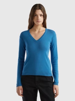 Zdjęcie produktu Benetton, V-neck Sweater In Pure Cotton, size M, Blue, Women United Colors of Benetton