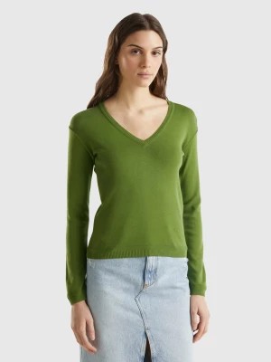 Zdjęcie produktu Benetton, V-neck Sweater In Pure Cotton, size M, Military Green, Women United Colors of Benetton