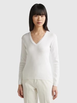 Zdjęcie produktu Benetton, V-neck Sweater In Pure Cotton, size M, White, Women United Colors of Benetton