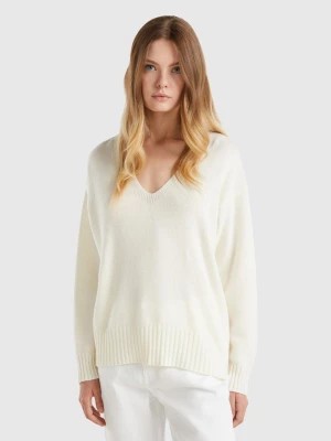 Zdjęcie produktu Benetton, V-neck Sweater In Wool Blend, size L, Creamy White, Women United Colors of Benetton