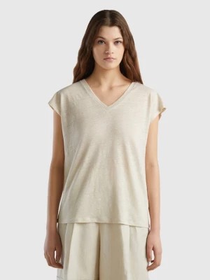 Zdjęcie produktu Benetton, V-neck T-shirt In Pure Linen, size L, Beige, Women United Colors of Benetton