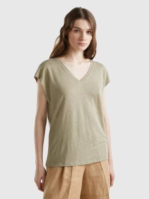 Zdjęcie produktu Benetton, V-neck T-shirt In Pure Linen, size S, Light Green, Women United Colors of Benetton