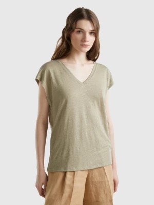 Zdjęcie produktu Benetton, V-neck T-shirt In Pure Linen, size XL, Light Green, Women United Colors of Benetton