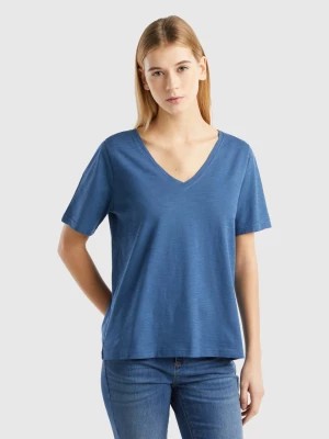Zdjęcie produktu Benetton, V-neck T-shirt In Slub Cotton, size S, Air Force Blue, Women United Colors of Benetton
