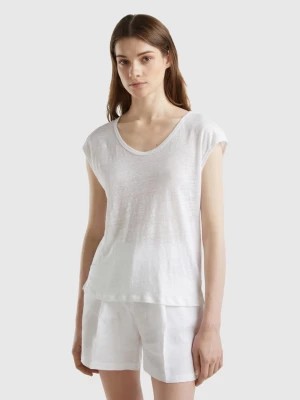 Zdjęcie produktu Benetton, Wide Neck T-shirt In Pure Linen, size S, White, Women United Colors of Benetton