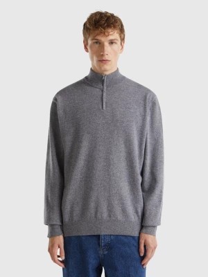 Zdjęcie produktu Benetton, Zip-up Sweater In 100% Merino Wool, size L, Dark Gray, Men United Colors of Benetton