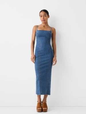 Zdjęcie produktu Bershka Długa, Denimowa Sukienka Na Ramiączkach Kobieta Wyblakły Niebieski