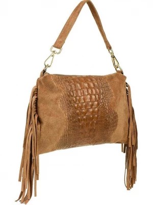 Zdjęcie produktu Beżowa damska włoska skórzana torebka frędzel pozioma brązowy, beżowy Merg
