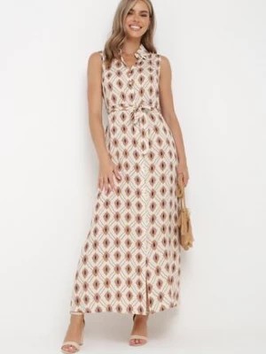 Zdjęcie produktu Beżowa Koszulowa Sukienka Maxi z Paskiem Acodite
