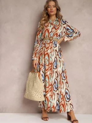 Zdjęcie produktu Beżowa Koszulowa Sukienka Maxi z Paskiem Seraffo