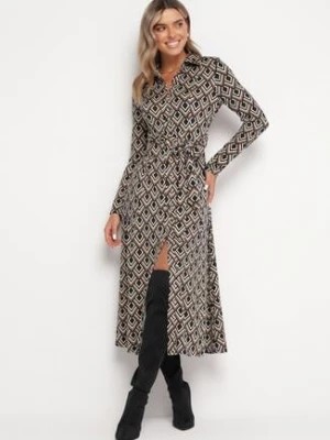 Zdjęcie produktu Beżowa Koszulowa Sukienka Maxi z Wiązanym Paskiem Erigge