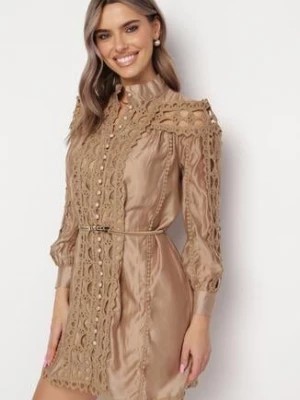 Zdjęcie produktu Beżowa Koszulowa Sukienka w Stylu Vintage ze Stójką i Paskiem w Talii Glikoma