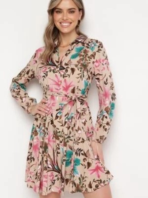Zdjęcie produktu Beżowo-Różowa Koszulowa Sukienka z Wiskozy Zapinana na Guziki z Materiałowym Paskiem Laveta