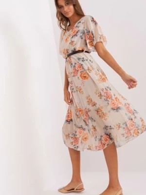Zdjęcie produktu Beżowa midi sukienka w kwiaty z paskiem Italy Moda