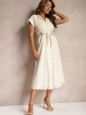 Zdjęcie produktu Beżowa Rozkloszowana Koszulowa Sukienka z Bawełny z Ażurowym Zdobieniem i Paskiem Ilosofia