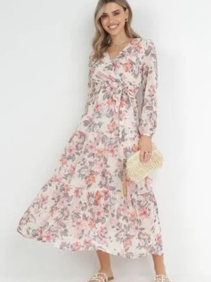 Zdjęcie produktu Beżowa Rozkloszowana Sukienka w Kwiaty Maxi z Gumką i Wiązaniem w Pasie Manirisa
