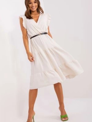 Zdjęcie produktu Beżowa sukienka damska na lato z falbaną i paskiem Italy Moda