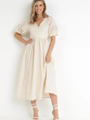 Zdjęcie produktu Beżowa Sukienka Maxi z Bawełny i Lnu z Ażurowymi Wstawkami i Gumką w Pasie Arada