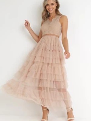 Zdjęcie produktu Beżowa Sukienka Maxi z Tiulowym Dołem i Koronkową Górą Deliva