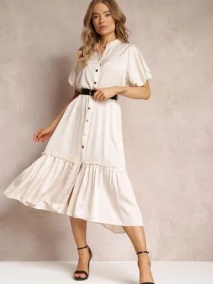 Zdjęcie produktu Beżowa Sukienka Midi z Ozdobną Falbanką i Dodatkowym Paskiem z Imitacji Skóry Charlotona