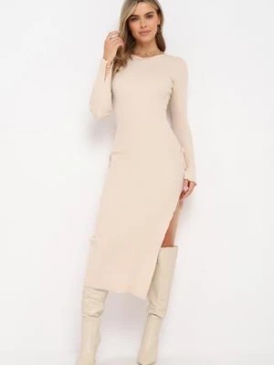 Zdjęcie produktu Beżowa Sukienka Midi z Prążkowanej Dzianiny z Wiązaniami po Bokach Aramelia