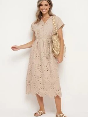 Zdjęcie produktu Beżowa Sukienka z Bawełny Zdobiona Haftem z Krótkim Rękawem i Materiałowym Paskiem Dimisha