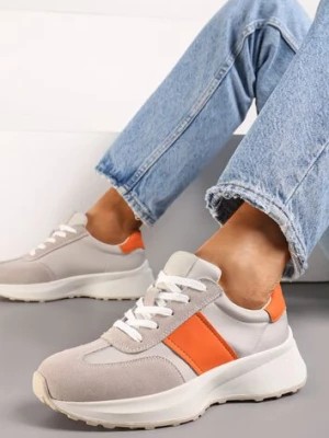 Zdjęcie produktu Beżowo-Pomarańczowe Skórzane Sneakersy z Materiałowymi Wstawkami Celana