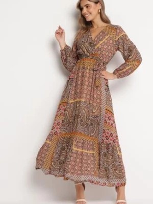 Zdjęcie produktu Beżowo-Brązowa Sukienka Rozkloszowana w Patchworkowy Wzór Caphi