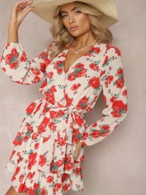 Zdjęcie produktu Beżowo-Czerwona Rozkloszowana Sukienka Kopertowa z Falbankami i Materiałowym Paskiem w Kwiaty Voliesa