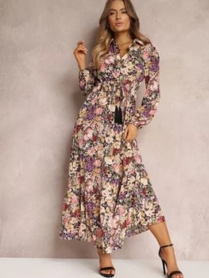 Zdjęcie produktu Beżowo-Fioletowa Sukienka Rozkloszowana w Kwiaty Rotu