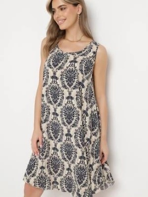 Zdjęcie produktu Beżowo-Granatowa Rozkloszowana Sukienka z Bawełny bez Rękawów Horrilla