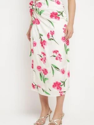 Zdjęcie produktu Beżowo-Różowa Spódnica Satynowa o Kopertowym Fasonie Wiązana w Pasie w Kwiatowy Print Aisaleva