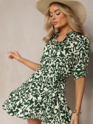 Zdjęcie produktu Beżowo-Zielona Wiskozowa Sukienka Koszulowa Ozdobiona Ornamentalnym Wzorem Lirenna