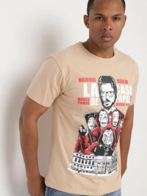 Zdjęcie produktu Beżowy Klasyczny T-shirt z Bawełny z Dużym Nadrukiem Gunelia